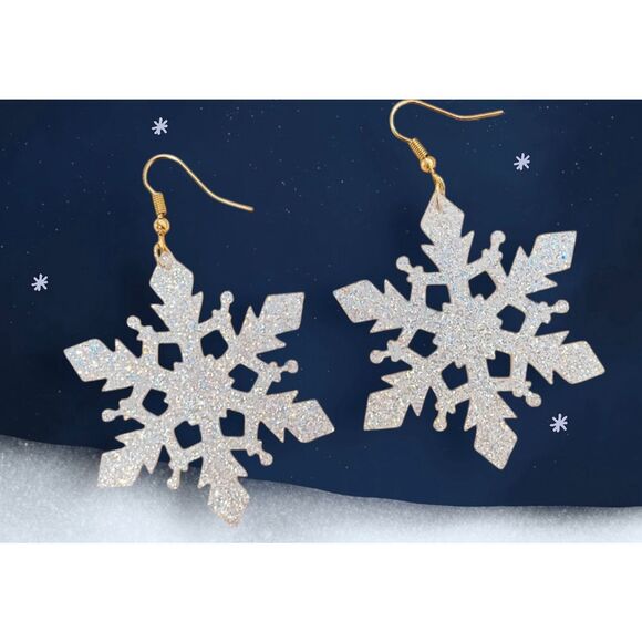 NWT Christmas Winter Wonderland LG Silver Glitter Snowflake Earrings - Picture 5 of 6